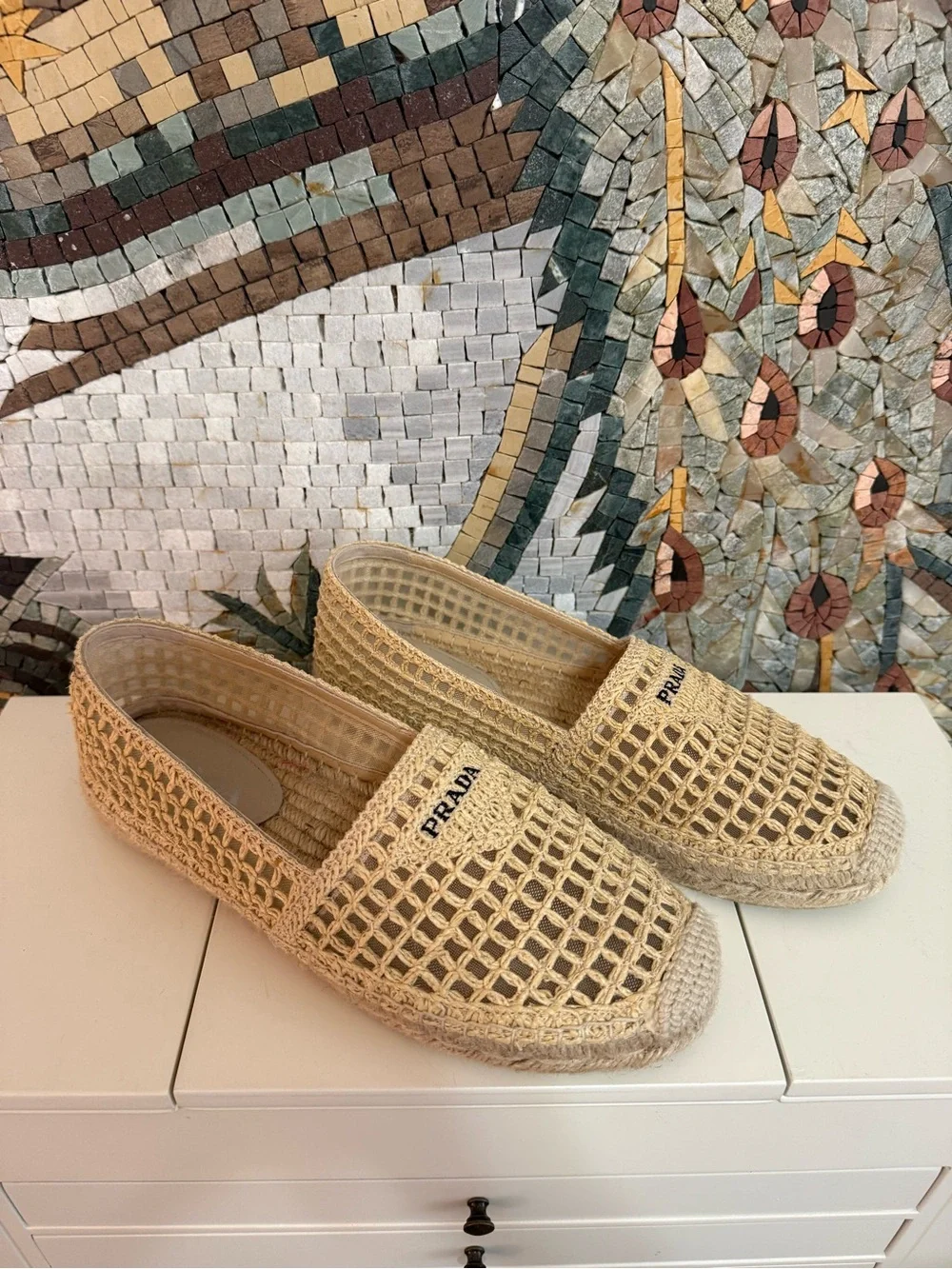 Prada Natural Beige Woven Espadrille Slip-Ons